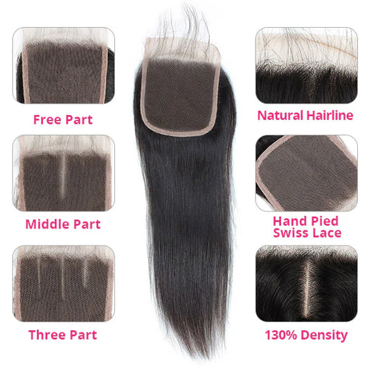 Hairneetc Straight Bundles with Closure Brazilian Hair 3 Bundles with 4x4 Lace Closure