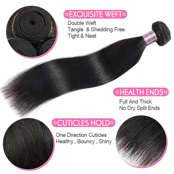 Hairneetc Straight Bundles with Closure Brazilian Hair 3 Bundles with 4x4 Lace Closure
