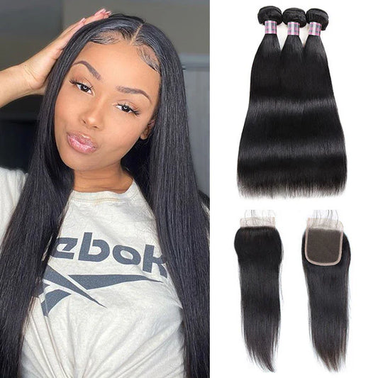 Hairneetc Straight Bundles with Closure Brazilian Hair 3 Bundles with 4x4 Lace Closure